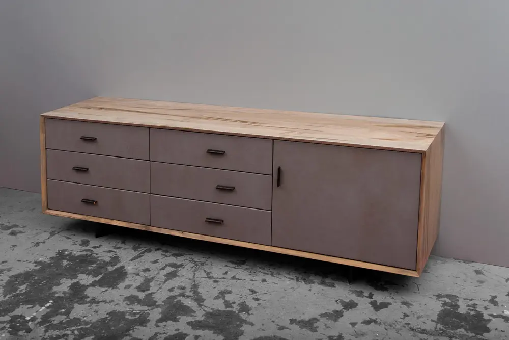SENTIENT Murlough Dresser SENTIENT Murlough Dresser in ambrosia maple with leather wrapped drawer & door faces Murlough Dresser - modern meeting room furniture