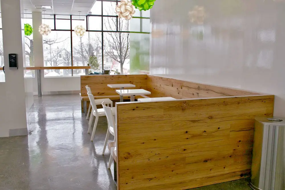 Reclaimed Oak banquettes at Go Greenly Yogurt by Sentient Furniture Reclaimed wood banquette