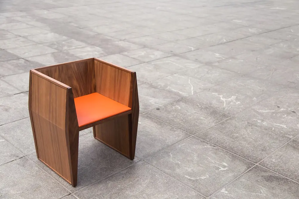 Sapience Chair in Walnut w/Vinyl Seat SENTIENT Sapience Chair in walnut with orange vinyl seat. modern dining chairs, restaurant seating by SENTIENT, the Sapience chair