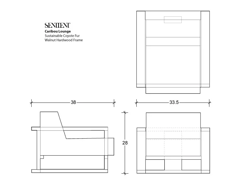 a black and white line rendering with measurements of a SENTIENT contemporary designed custom caribou arm chair