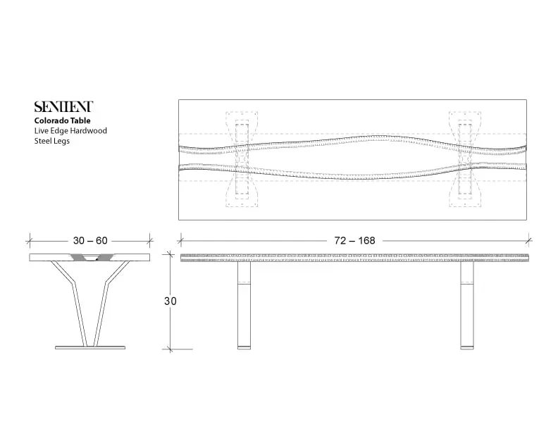 a black and white line rendering with measurements of a SENTIENT contemporary designed custom Colorado table