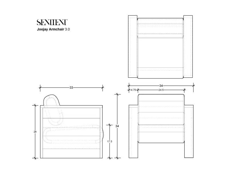 a black and white line rendering with measurements of a SENTIENT contemporary designed custom joojay long wool armchair
