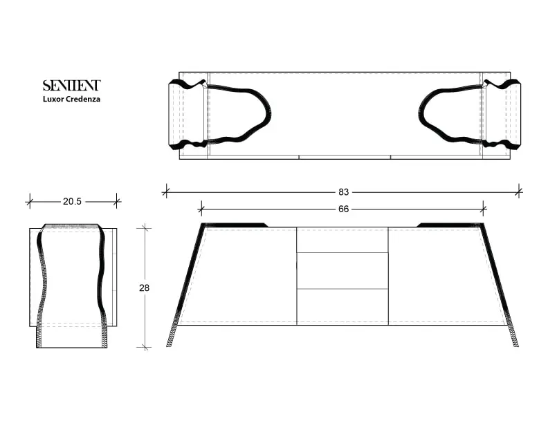 A black and white linear rendering of a SENTIENT contemporary designed custom Luxor credenza with measurements