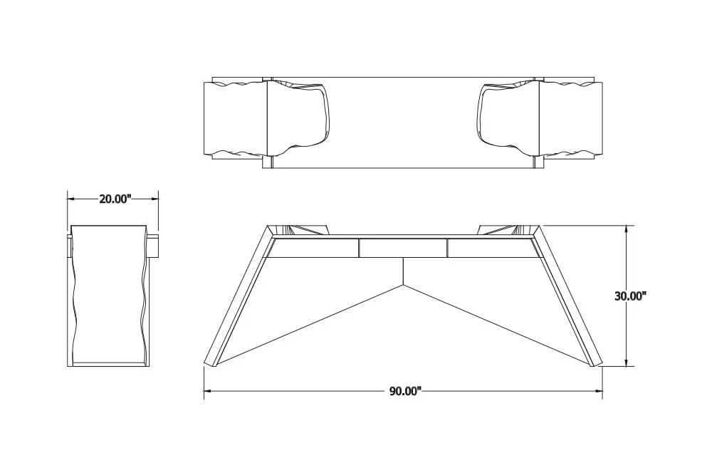 a black and white line rendering with measurements of a SENTIENT contemporary designed custom time when console
