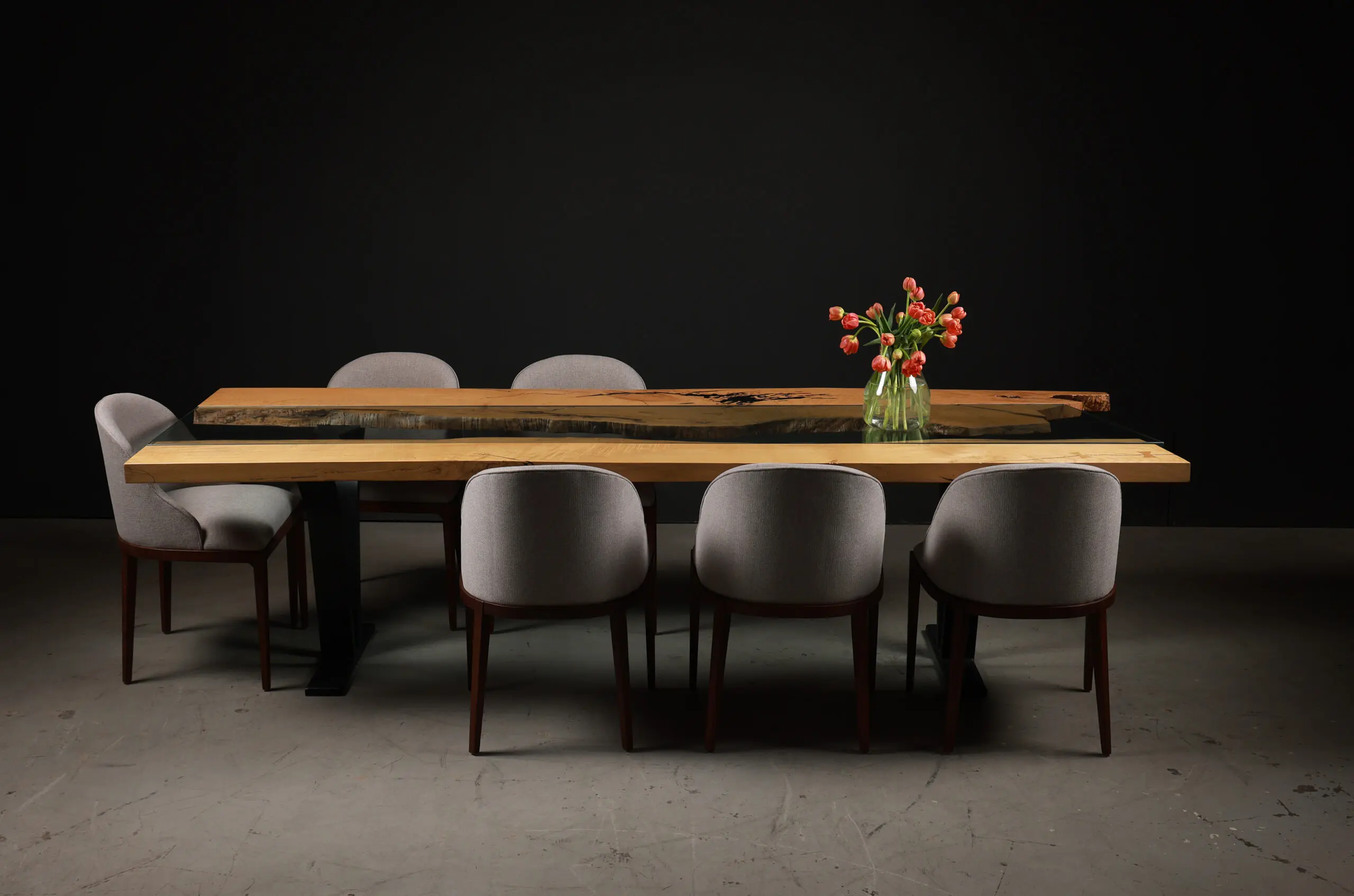 Colorado River dining table with custom plexiglass base with chairs 