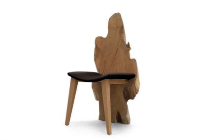 Locust live edge chair with sculptural wood slab back, handcrafted by Sentient Furniture