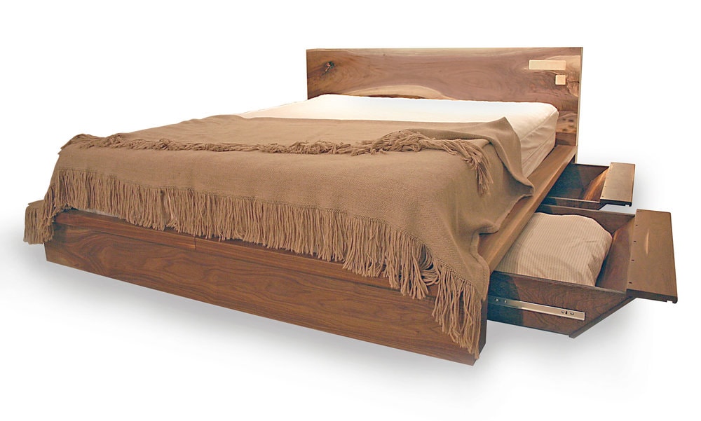 a SENTIENT contemporary designed Liffey Bed wood headboard and platform with open under bed storage drawer and luxury bedding