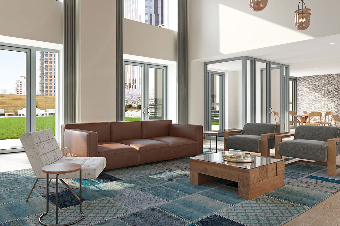 a SENTIENT contemporary designed wood beam coffee table and two caribou chairs in Brooklyn city tower luxury designed room