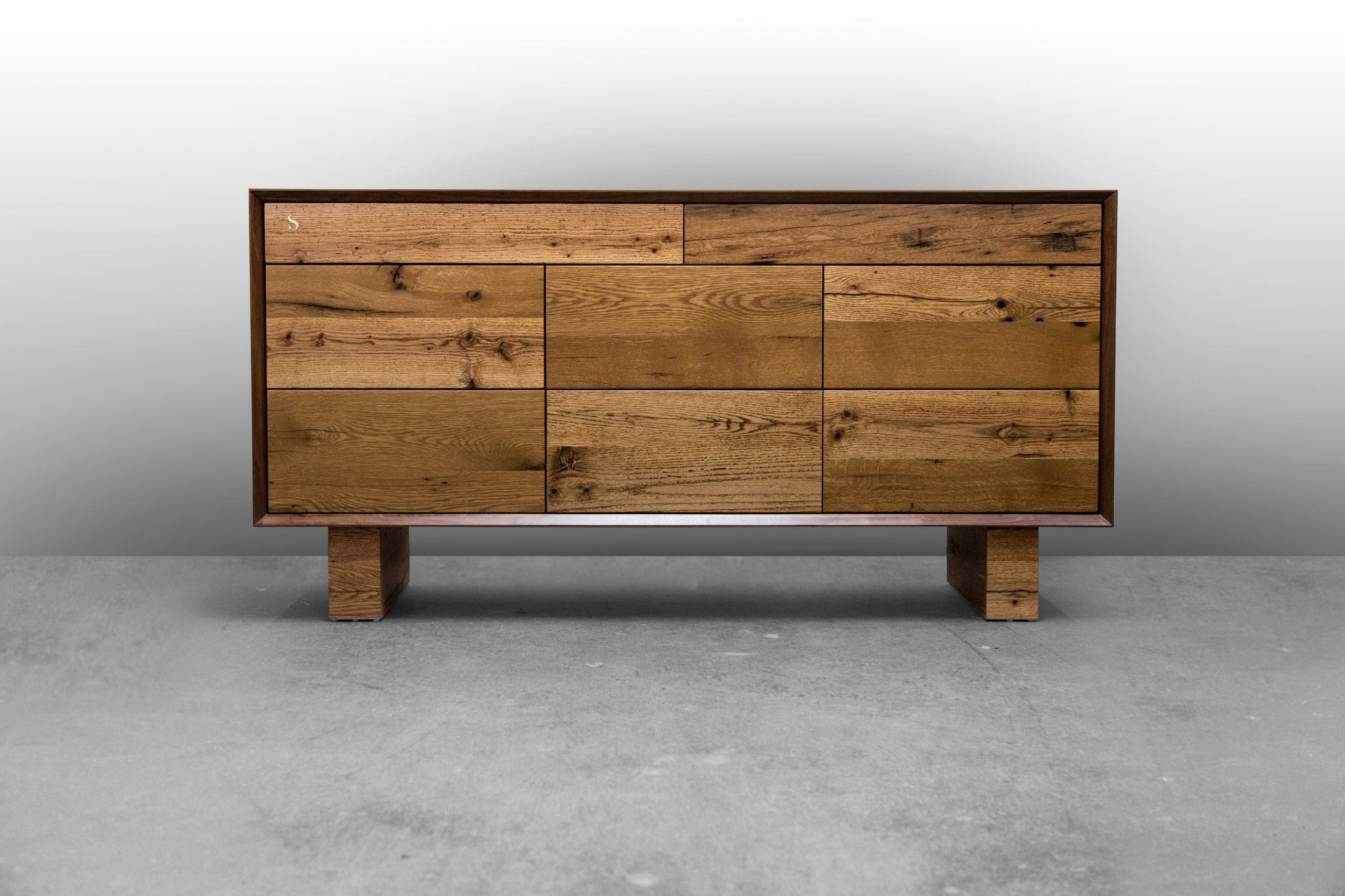 a SENTIENT contemporary designed new old dresser of reclaimed oak wood and walnut front view