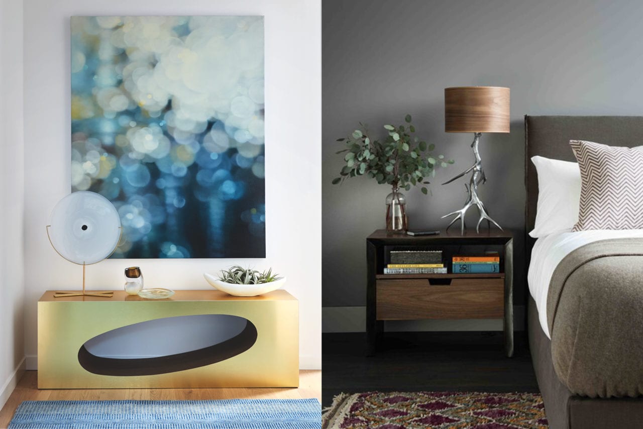 a split screen of SENTIENT contemporary design live edge bedside table in one and custom brass orbit table in the other