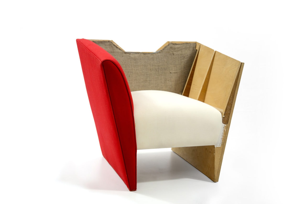 dissected layers of SENTIENT contemporary designed nersi custom armchair showing luxury fabric and wood with foam