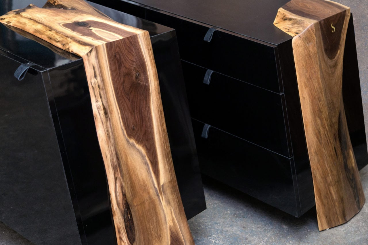 two custom SENTIENT contemporary luxor console table with walnut live edge wood ends and matte black outer shell end views