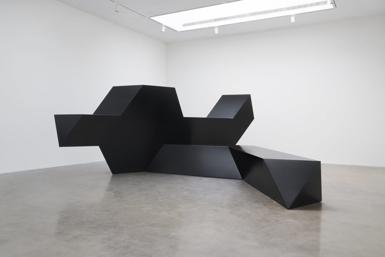 a black contemporary angular metal sculpture in New York pace gallery 