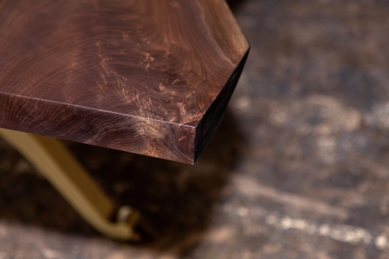a custom SENTIENT contemporary designed walnut live edge custom table corner detail 
