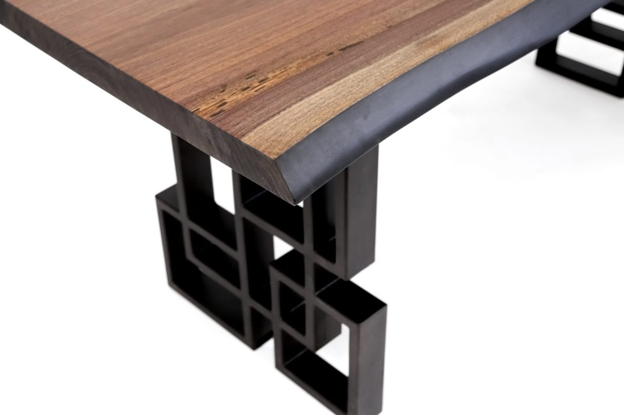 a contemporary designed SENTIENT live edge wood desk detail view with custom interlocking frame square leg