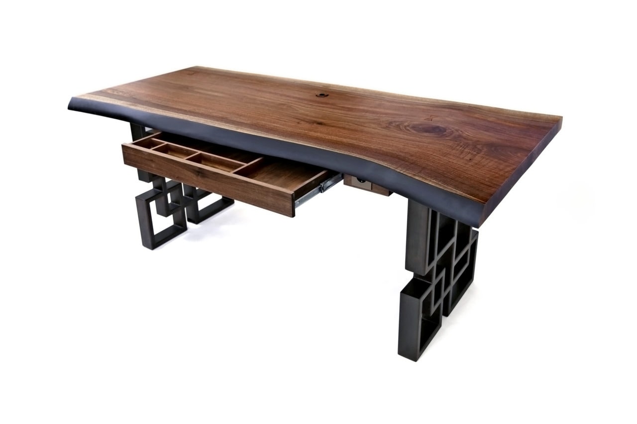 a contemporary designed SENTIENT custom live edge desk with open drawer and interlocking square luxury frame legs