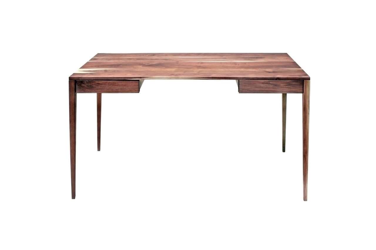 a custom SENTIENT contemporary designed luxury walnut desk with two draws