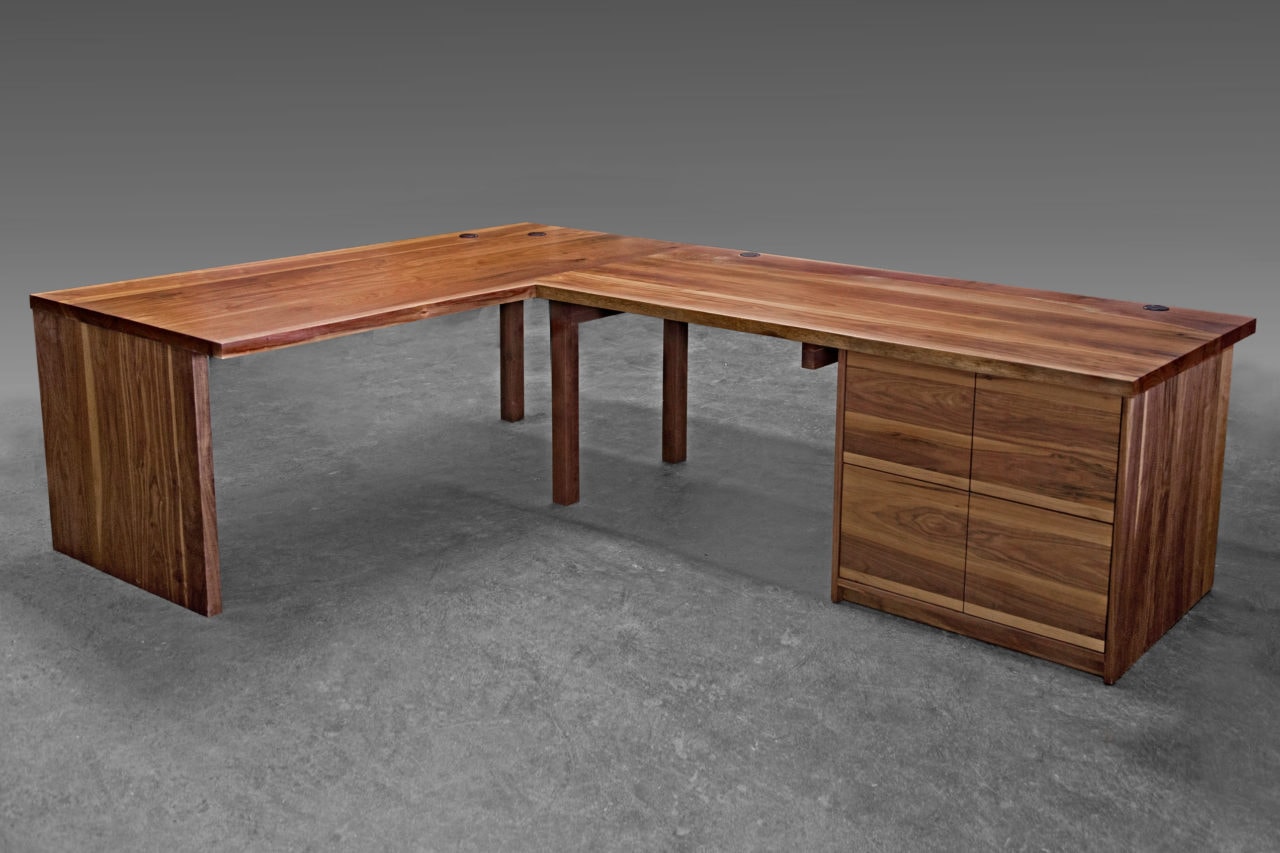 a custom corner SENTIENT contemporary designed desk with drawers in luxury walnut 