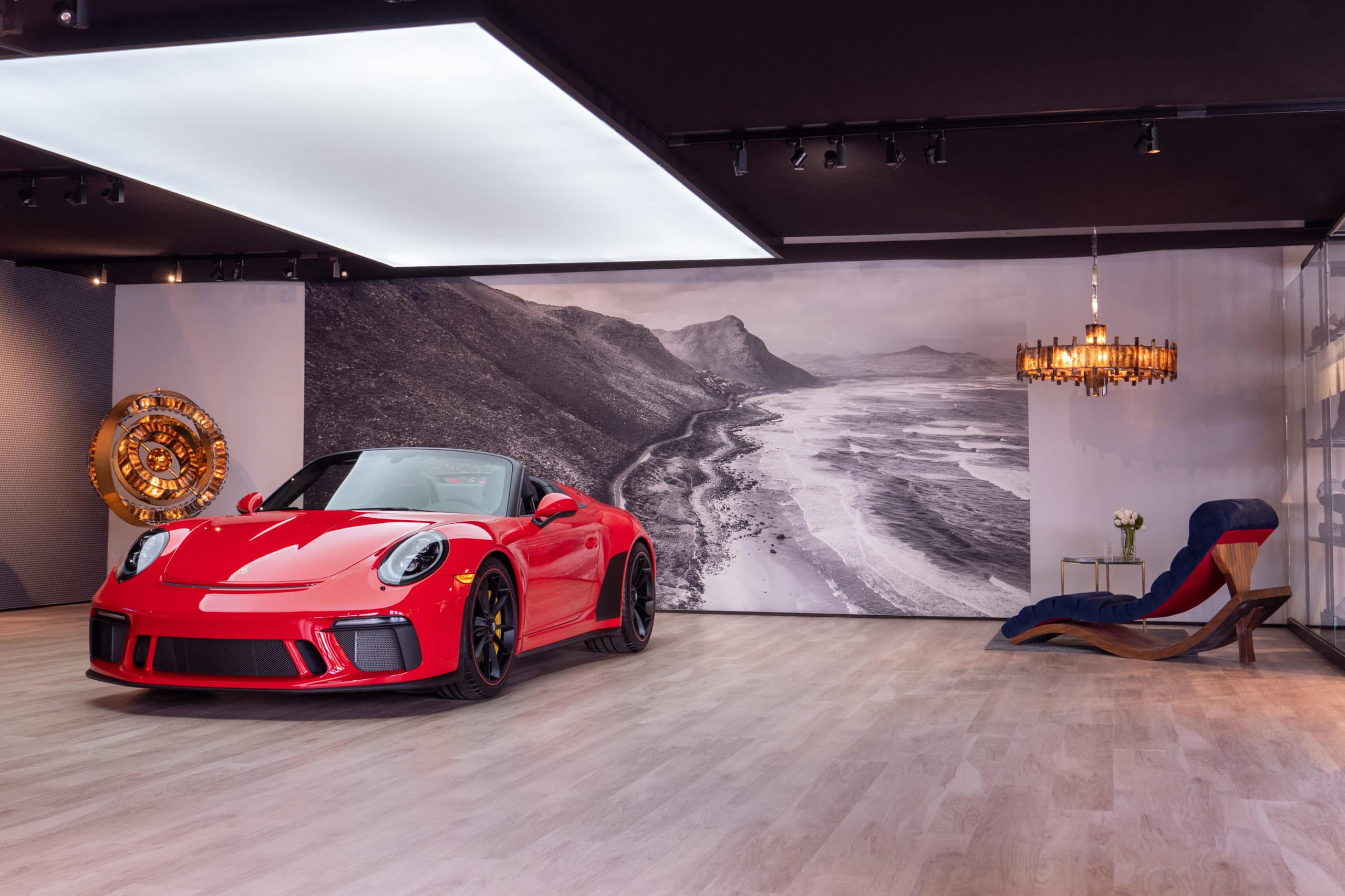 high-end commercial furniture with ergonomic design at a Porsche exhibition