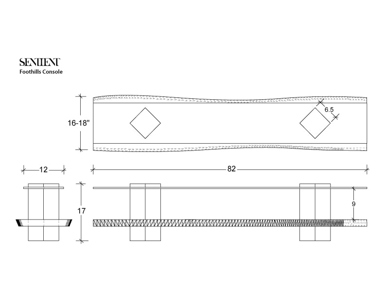 a black and white line rendering with measurements of a SENTIENT contemporary designed custom foothills console