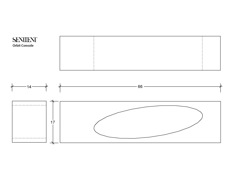 a black and white line rendering with measurements of a SENTIENT contemporary designed custom orbit console