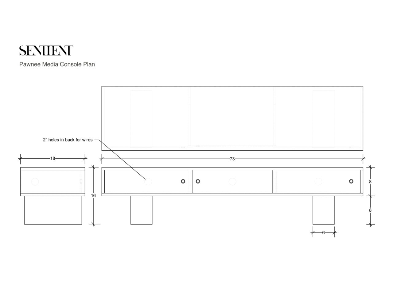 a black lined rendering of a custom SENTIENT contemporary designed pawnee media stand 
