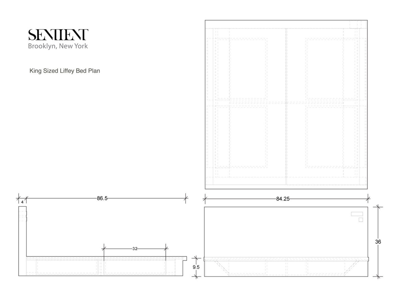 a black and white line rendering with measurements of a SENTIENT contemporary designed custom Liffey bed
