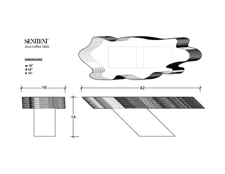 a black and white line rendering with measurements of a SENTIENT contemporary designed custom Zora Coffee table