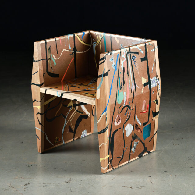 A unique chair designed by SENTIENT Furniture in collaboration with Hernán Rivera, showcasing vibrant abstract artwork and bold patterns on wooden surfaces for a contemporary aesthetic.