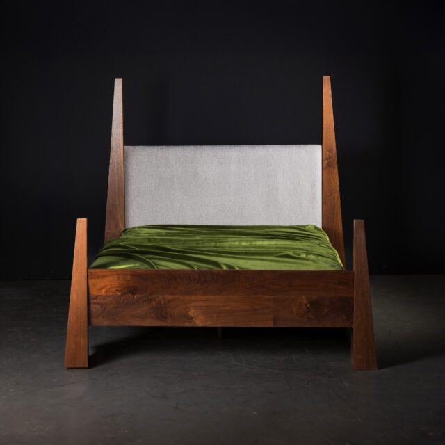 Collection of handcrafted beds in a variety of materials and designs, from live-edge headboards to angular, modern frames.