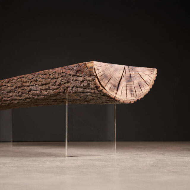 A bench made out of a wood log, cut longitudinally, with acrylic legs