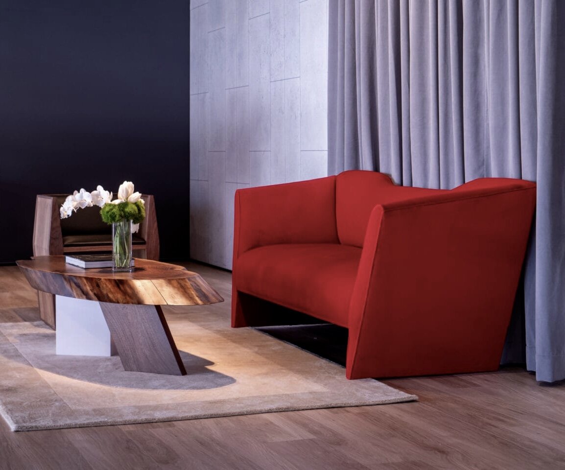 SENTIENT Porsche Zentrum Lounge , Nersi Sofa , Live Edge Coffee Table , Sapience Chair